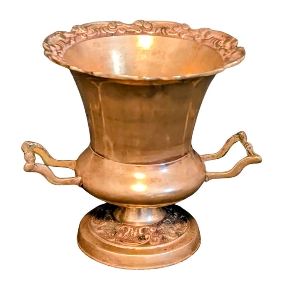 Vintage Embossed Brass Pedestal Champagne Bucket Urn With Handles